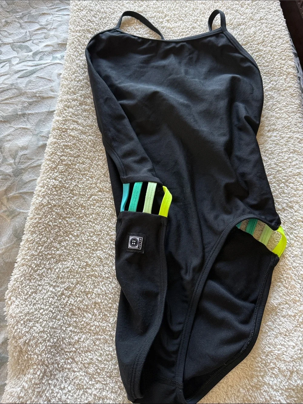 JOLYN Black One-Piece swimsuit with Neon Green & Aqua Stripes
